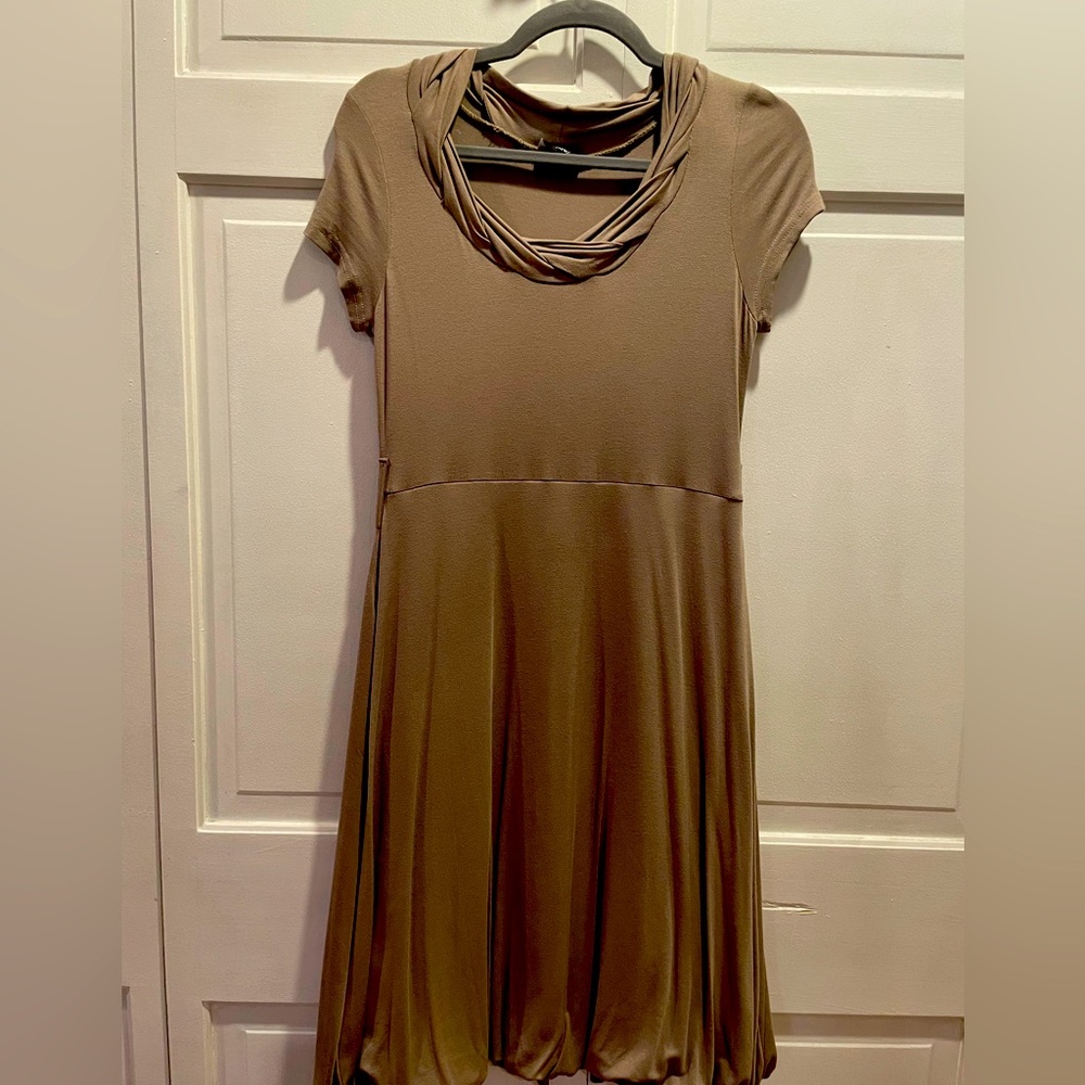 Soft light tan balloon bottom dress.
